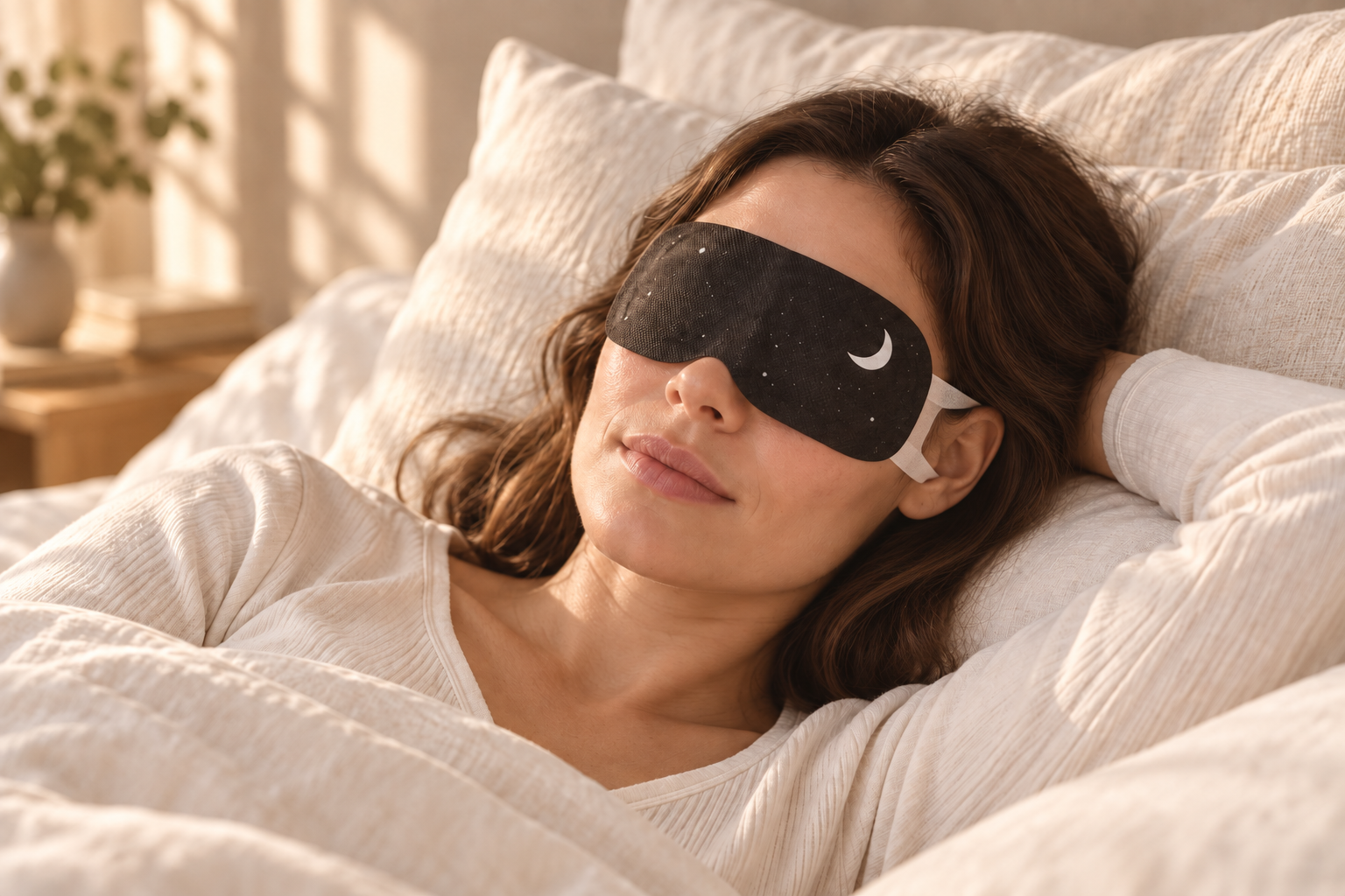 Relaxing in bed while wearing the EVOURA Steam Eye Mask with its moon and star pattern